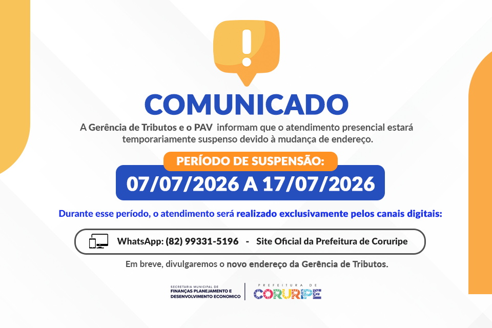 Gerência de Tributos suspende atendimento presencial temporariamente durante mudança de endereço